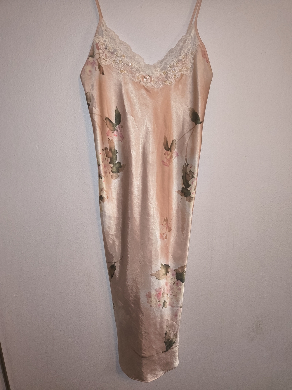 Vintage Blush Pink Satin Floral Slip Dress Lace Trim Nightgown Cottagecore